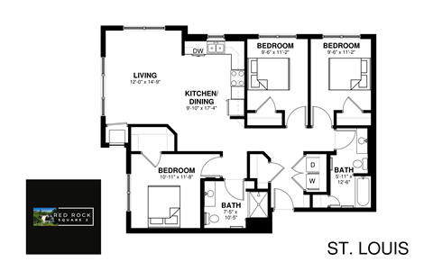Floor plan for 3 beds, 2 baths, 1245 sqft
